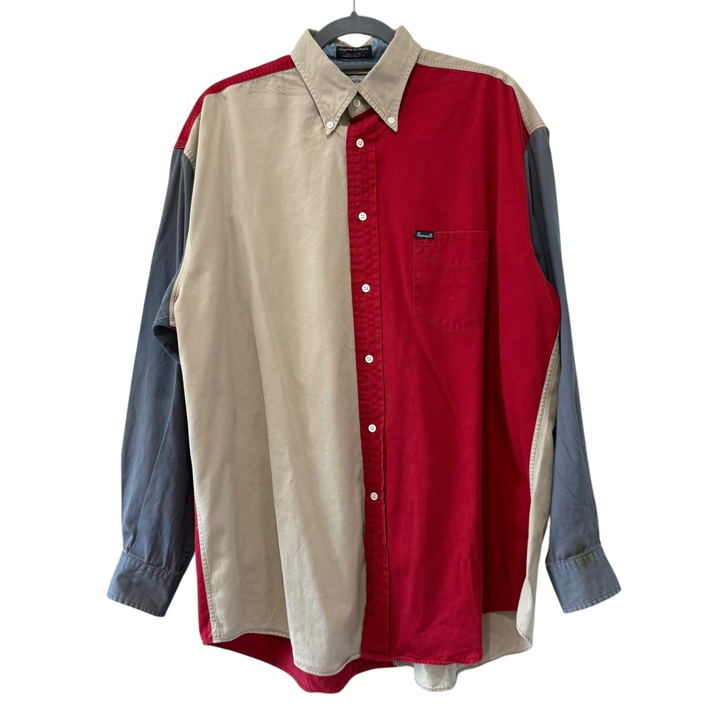 Faconnable Mens Colorblock Button Down Shirt Red Tan Blue Cotton‎ Size L